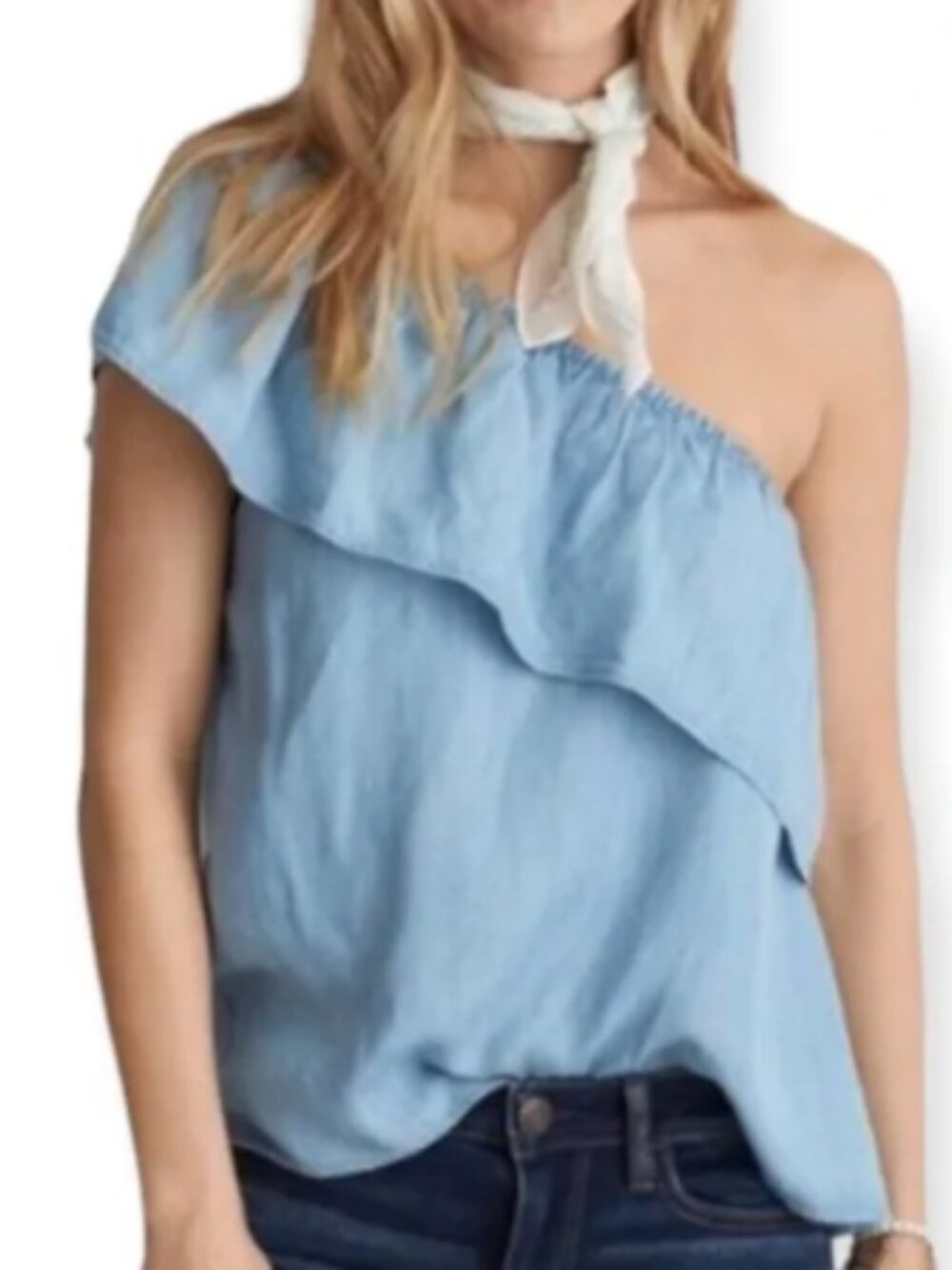 American Eagle One Shoulder Ruffle Blue Denim XS Top